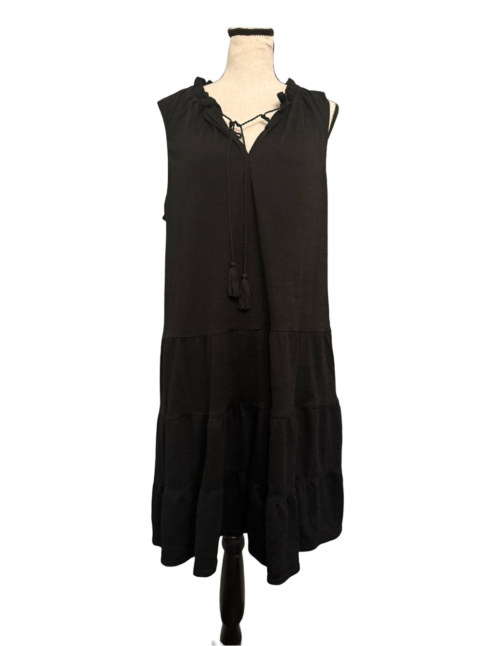 Max Studio XL Black Tiered Swing Dress Sleeveless Tassel Tie Boho Midi